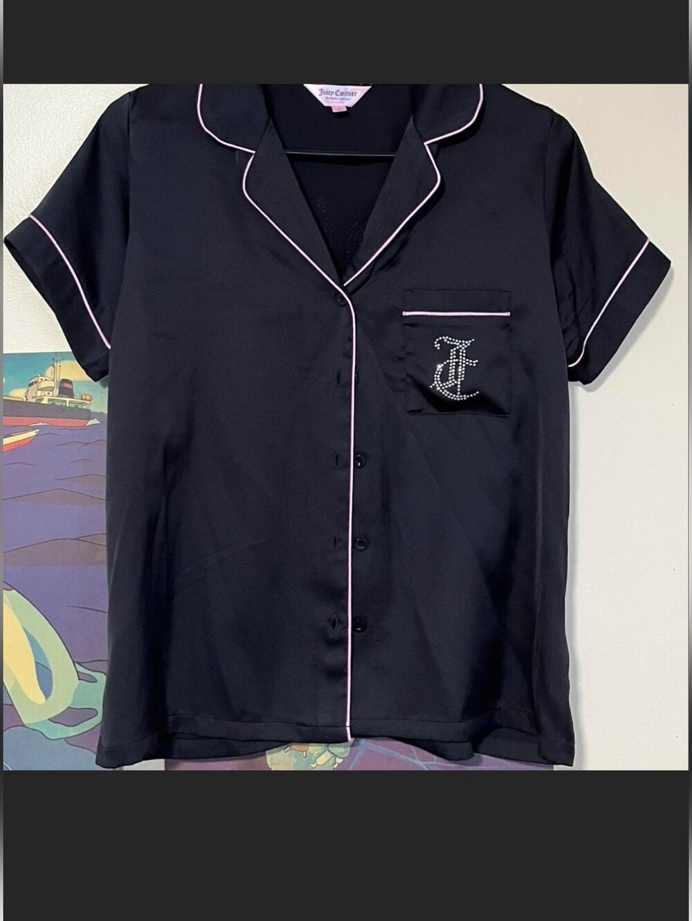 Juicy Couture Black Satin Short-Sleeve Pajama Set with Pink Piping 3 PC S